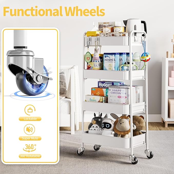 TOOLF 4-Tier Rolling Cart - Metal Storage Organizer with Lockable Wheels, 44 lbs Per Shelf Capacity, Tool-Free Assembly, for Kitchen Bathroom Office Laundry Room Nursery, White