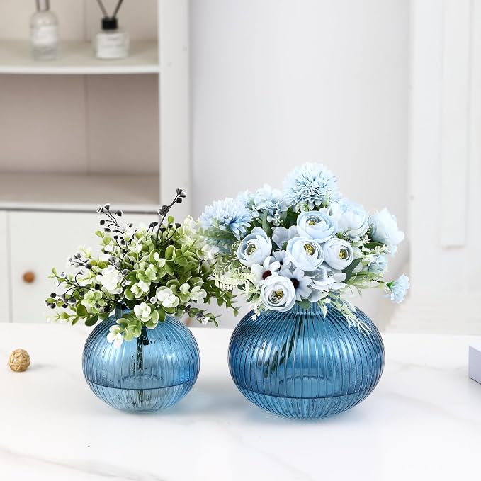 Blue Glass Vases for Tulips, Set of 2, Flower Vases for Bouquet, Ribbed Glass Vase for Flowers, Short Vase for Living Room, Office, Coffee Table, Shelf, Wedding