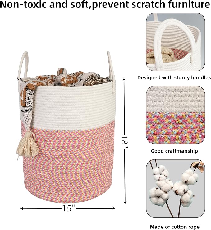 XUANGUO Cotton Rope Laundry Basket Hamper for Clothes Woven Storage Basket for Living Room Bedroom Boho Tall Rope Baskets for Blanket Toys Pillow Towels Baby Nursery Hamper Bin Large (multicolor)