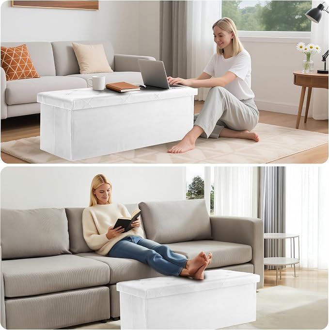 DUMOS 43 Inches Ottoman with Storage Bench, Foot Rest Stool, End of Bed Storage Bench Upholstered, Load 660 lbs, for Living Room, Synthetic Leather, Beige
