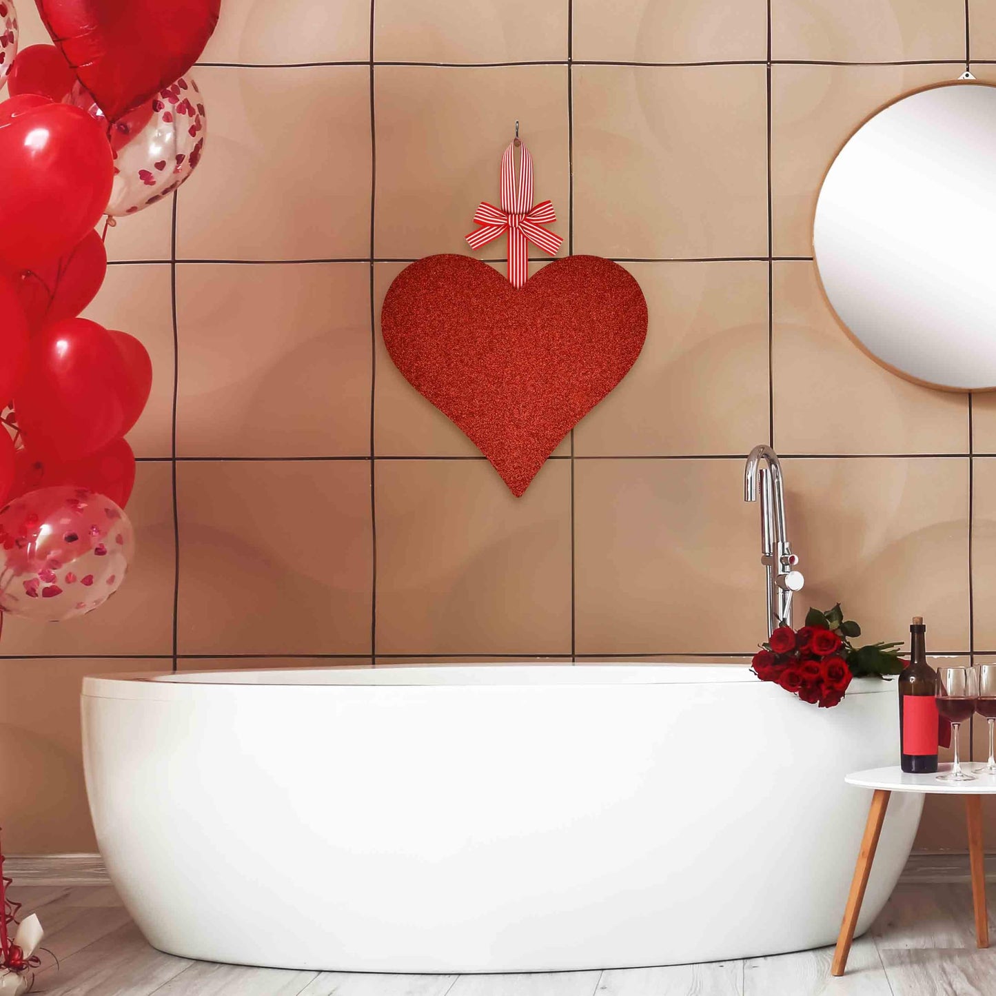 Gift Boutique Valentines Day Decoration Red Glitter Heart Shaped Wooden Hanging Sign Bow Front Door Wall Wreath Home Outdoor Love Plaque Hanger Decor