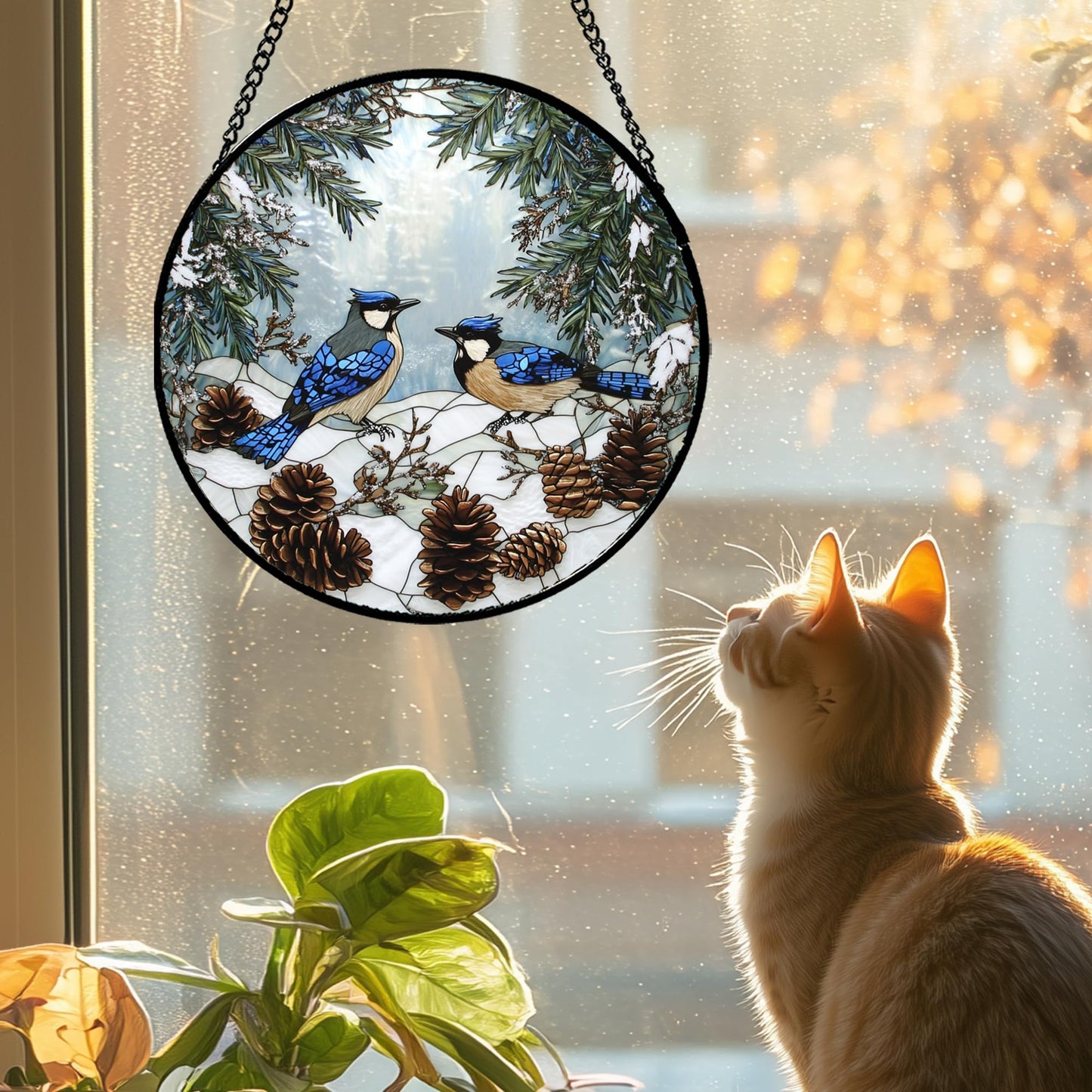 HWRHTR Stained Glass Window Hanging - Blue Bird Winter Forest Landscape Suncatcher for Door Garden Yard Sun Catchers Decor Christmas Mother's Day Birthday Gifts for Women Mom Nana Friend 7.8 in