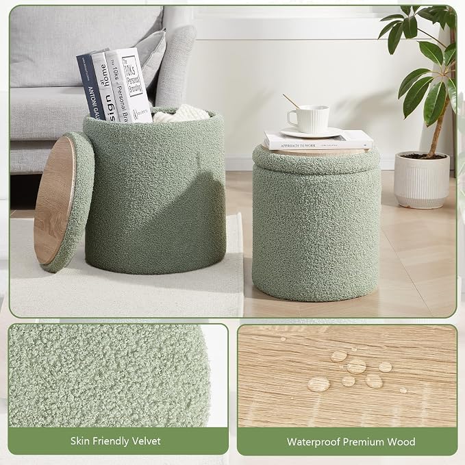 Royal Windsor Boucle Round Ottoman with Storage Set of 2,Small Foot Stool Ottoman for Living Room,Small Coffee Table, Vanity Stool with Storage for Bedroom, Green