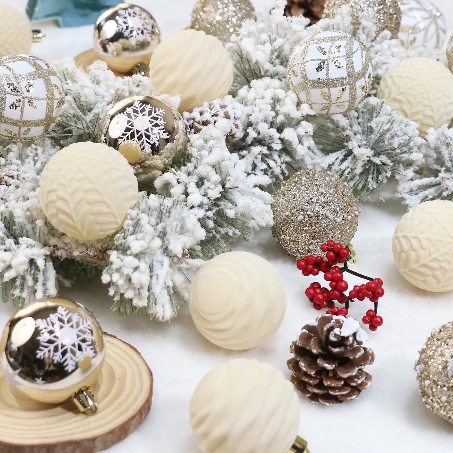 YINGQIWISH 2.36In Velvet Christmas Ball Ornaments, 25PCS Champagne Flocked Christmas Tree Hanging Decorations, for Home Holiday Wedding Indoor Xmas Party Decor.