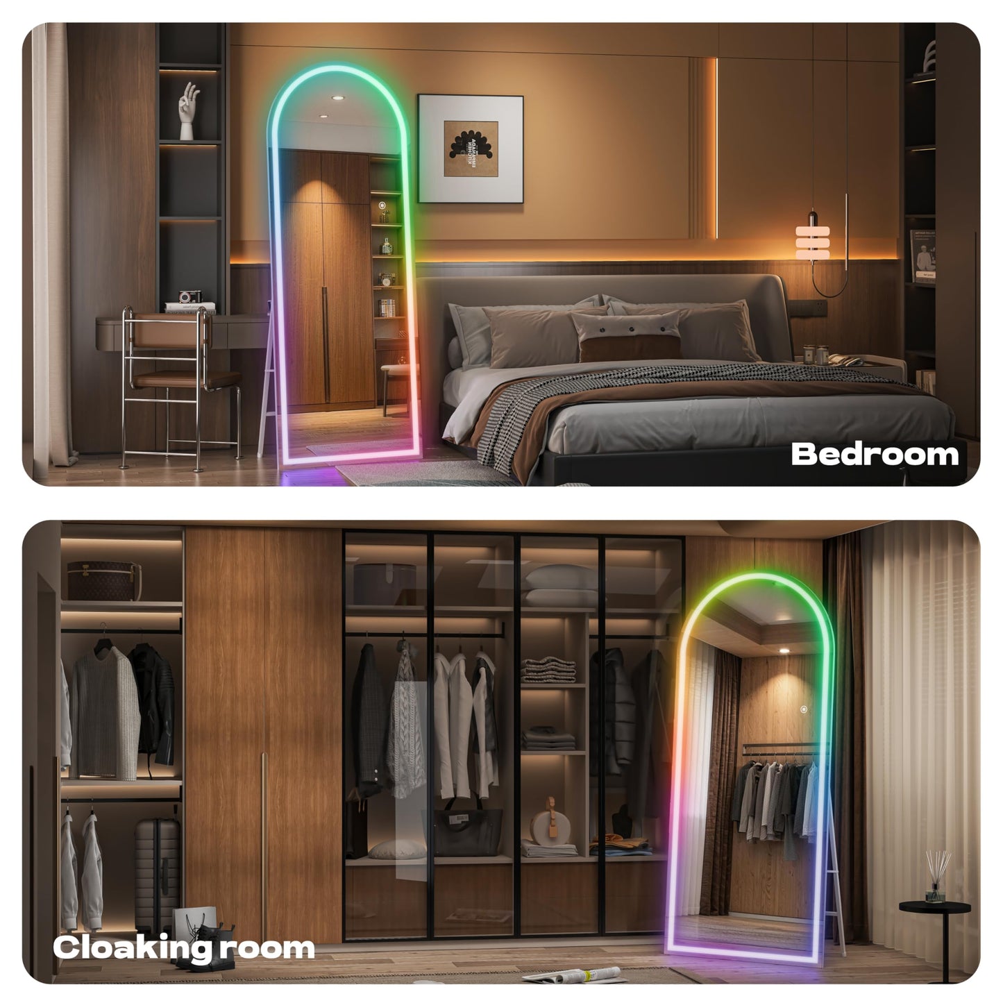 Hasipu Arch Full Length Mirror 95 x 40 in with Stand — Arch LED RGB Full Body Mirror, 7 Lighting Modes, Dimmable, Built‑in Bluetooth Speaker, White Frame for Bedroom Dressing Room
