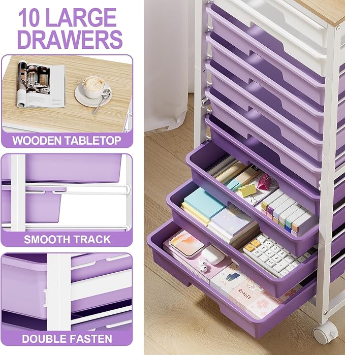 SYKIARIOL Rolling Cart with Drawers,10 Drawer Rolling Cart,Storage Cart with Wheels,Utility Cart with Drawers,Teacher Cart for Classroom Storage,Craft Cart with Wheels and Wooden Tabletop,Purple