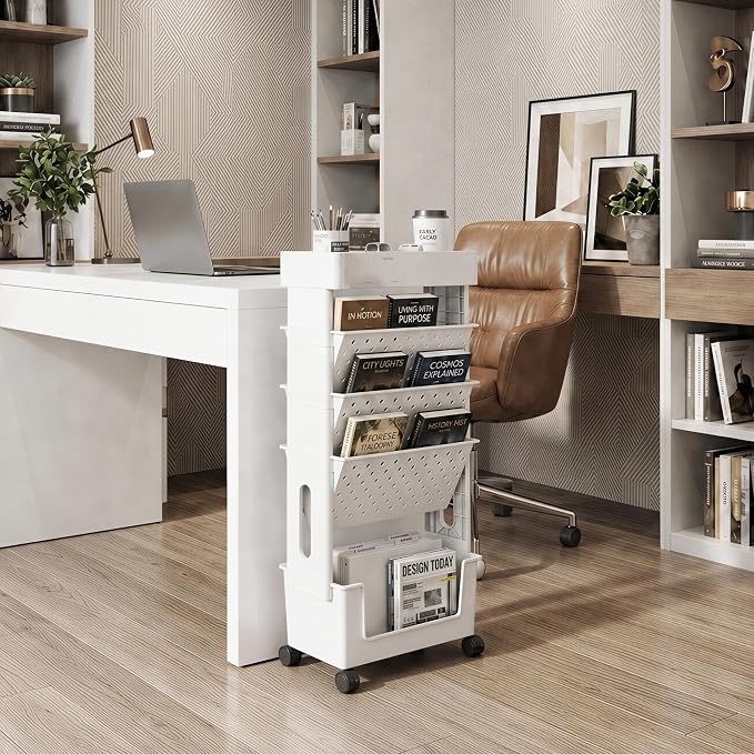 5-Tier Rolling Bookshelf, Book Storage Organization with Wheels Mobile Bookshelves Cart for Home Office Kids' Study Room School, White