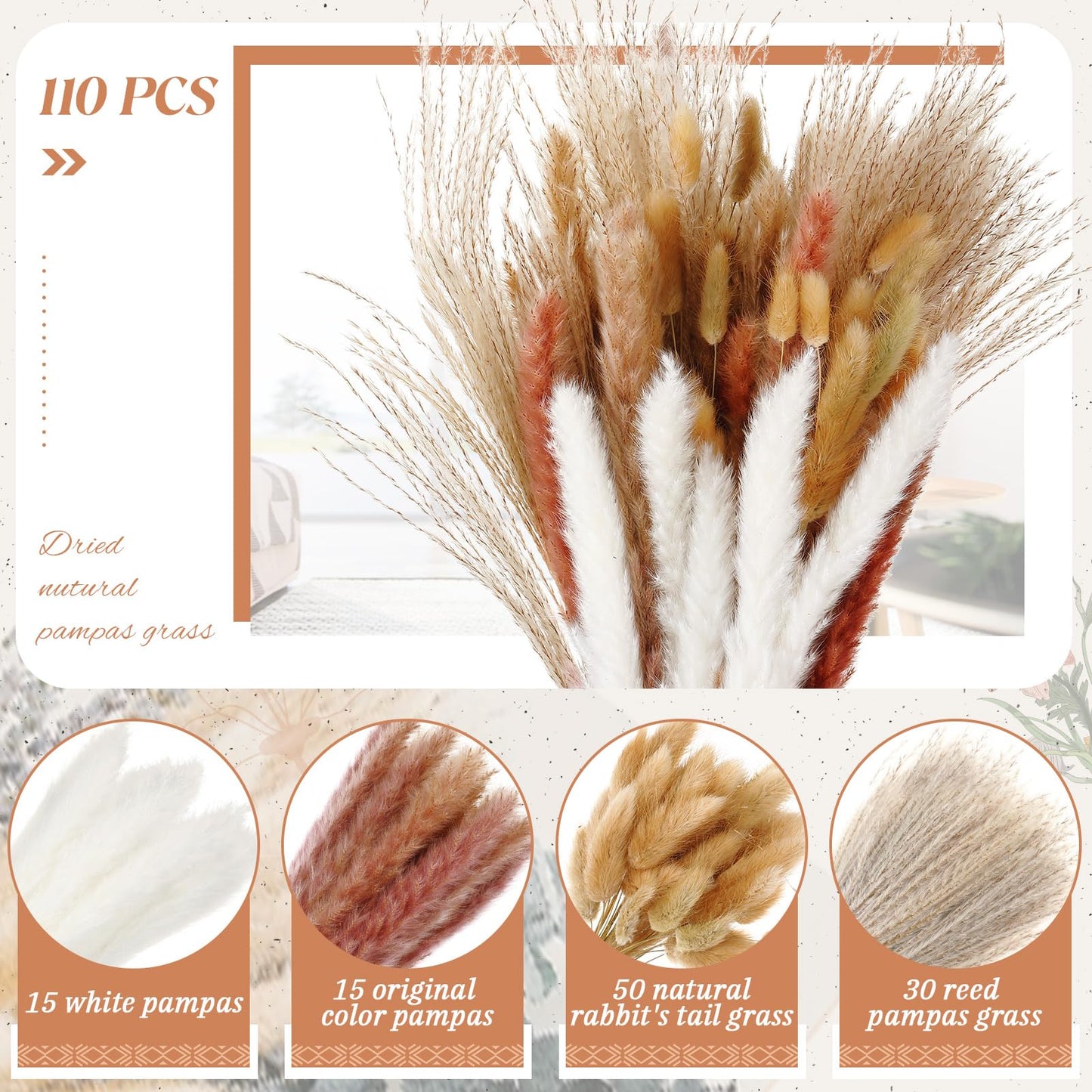 Suncalla 4 Pack Wooden Wall Planter with 110 Pampas Grass Modern Boho Wall Decor for Living Room Bedroom Bathroom Entryway, Farmhouse Rustic Art Vase for Dried Flower Faux Plant Home Office Decor