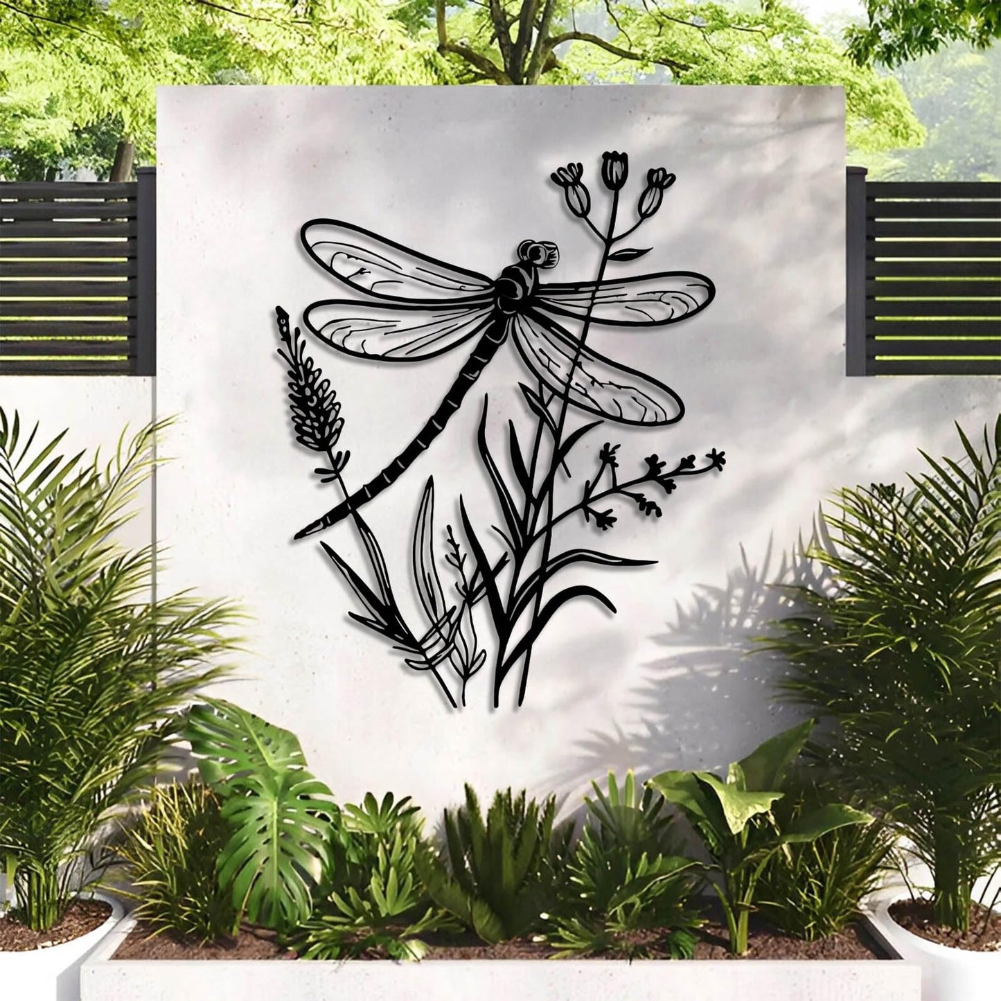 Dragonfly Metal Wall Art, Dragonfly and Flower Metal Wall Decor, Insects Wall Art, Large Dragonflies Wall Hanging, Wild Flower Wall Sculpture, Rustic Farmhouse Decorations (Black, 19"x15"/47x38cm)