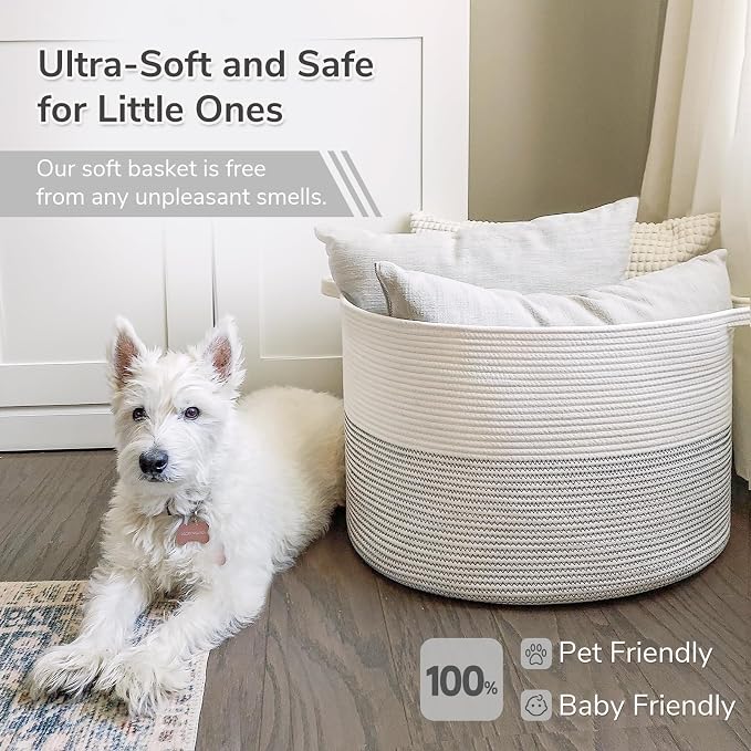 INDRESSME XXXLarge Cotton Rope Basket 21.7" x 21.7" x 13.8" Woven Baby Laundry Basket for Blankets Toys Storage Baskets with Handle Comforter Cushions Storage Bins Thread Laundry Hamper-Black Stitch