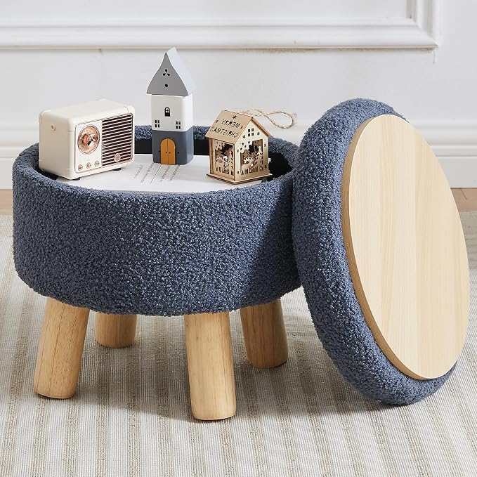 Small Foot Stool Ottoman with Storage, Sherpa Ottoman Foot Rest for Couch, Round Footstool with Storage, Small Ottomans and Footstools for Living Room and Entryway (Navy Blue)