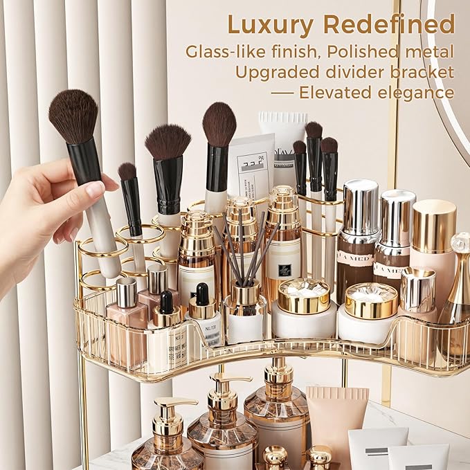 BEFSOP Corner Bathroom Counter Organizer, Upgraded 2-Tier Makeup Organizer Countertop with Makeup Brush Holder, Skincare Exquisite Vanity Organizers Countertop Bathroom Storage Dresser(GOLD)
