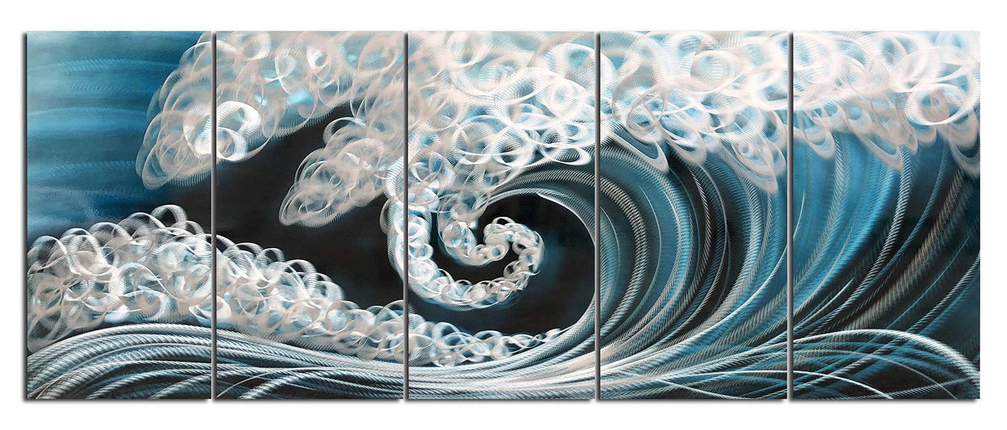 Yihui Arts Handcrafted 3D Metal Wall Art - Ocean Wave Sculpture, 5 - Panel Aluminum Decor for Living Room, Bedroom & Office