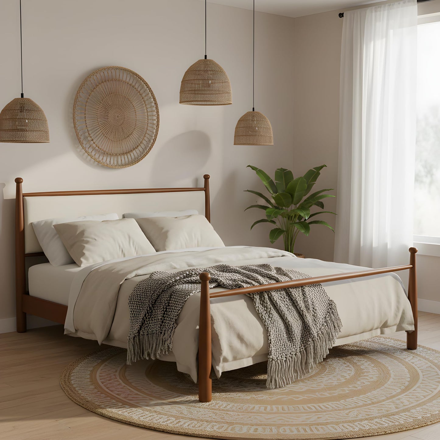 Merax Modern King Size Solid Wood Platform Bed with Upholstered Headboard, Mid-Century Low Bed Frame with Sturdy Wood Legs/No Box Spring Needed/Easy Assembly, Beige+Walnut