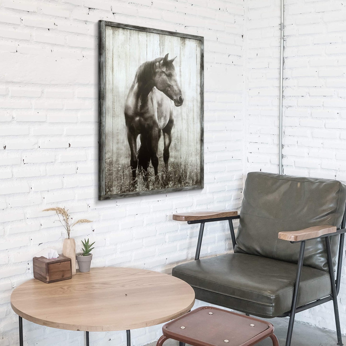 artopia Horse Wooden Farmhouse Wall Art: Farmed Rustic Gray Horse Decor Nature Wildlife Portrait Painting Western Animals for Bedroom Farm 16x12