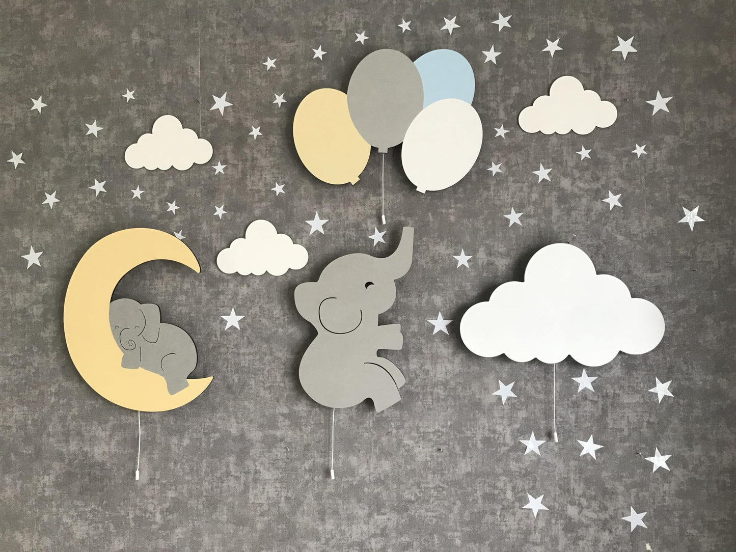 Furpinea Nursery Lamp Set of 4 Moon, Cloud, Elephant, and Balloon, Baby Room Sign Wall Night Light Cloud Shape Gift Baby Montessori Bedroom Lamp Decor (Boys, Blue)
