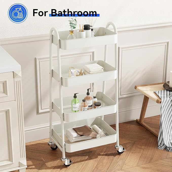OLIXIS Metal 4 Tiers Utility Rolling Cart, Mobile Storage Shelf with Lockable Caster Wheels, Organization for Livingroom, Bathroom & Narrow Places, 4-Tier White