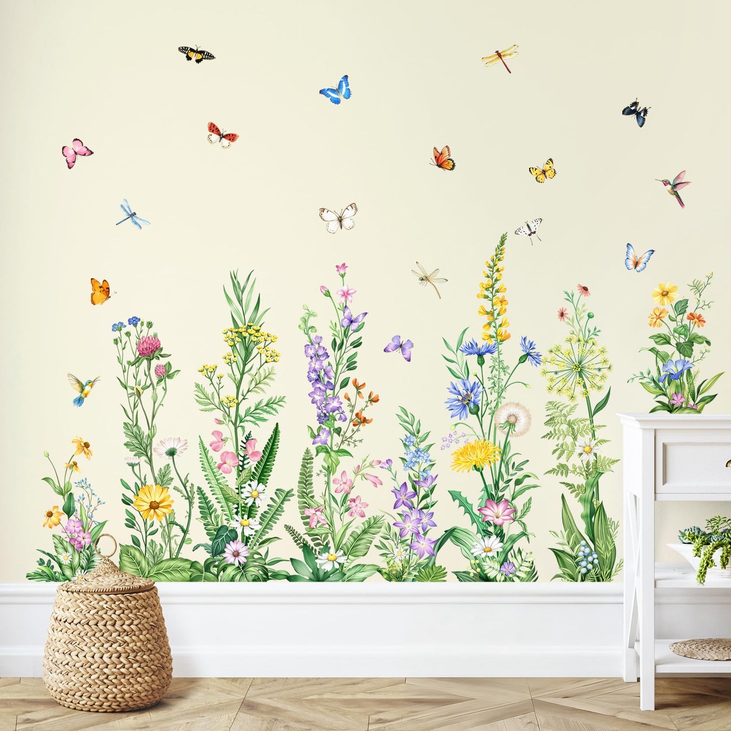 Tanlaby Wildflower Wall Decals Spring Summer Flower Floral Grass Wall Decals with Butterfly Green Plant Stickers Peel and Stick Wall Art Decor for Living Room Kitchen Bedroom