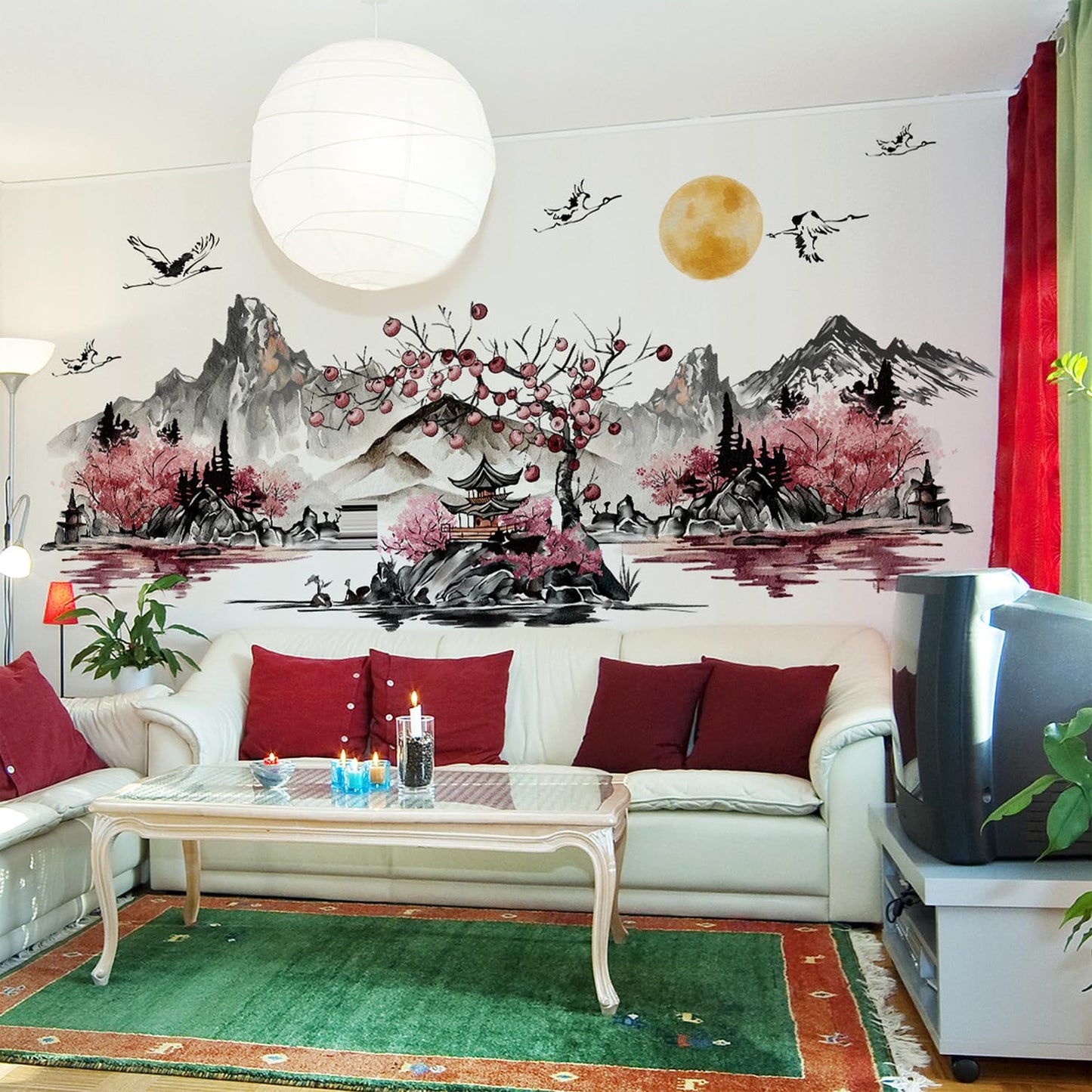 DRWSSR 3 Sheets Removable Chinese Style Splash Ink Landscape Painting Wall Decal DIY Red Sun Flying Bird Pavilion Red Forest Art Mural for Living Room Bedroom TV Background Wall Home Decor