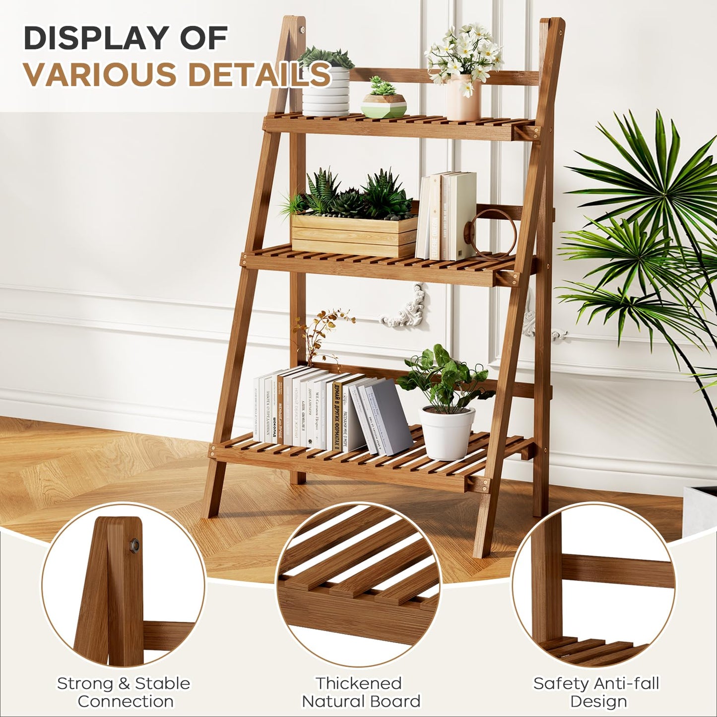 39.4" Bamboo Ladder Shelf Plant Shelf, 3 Tier Foldable Ladder Flower Pot Display Shelf Rack, 23.6"W x 15"D x 39.4"H, Freestanding Bookshelf for Garden, Balcony, Yard, Patio, Lawn, Living Room, Walnut