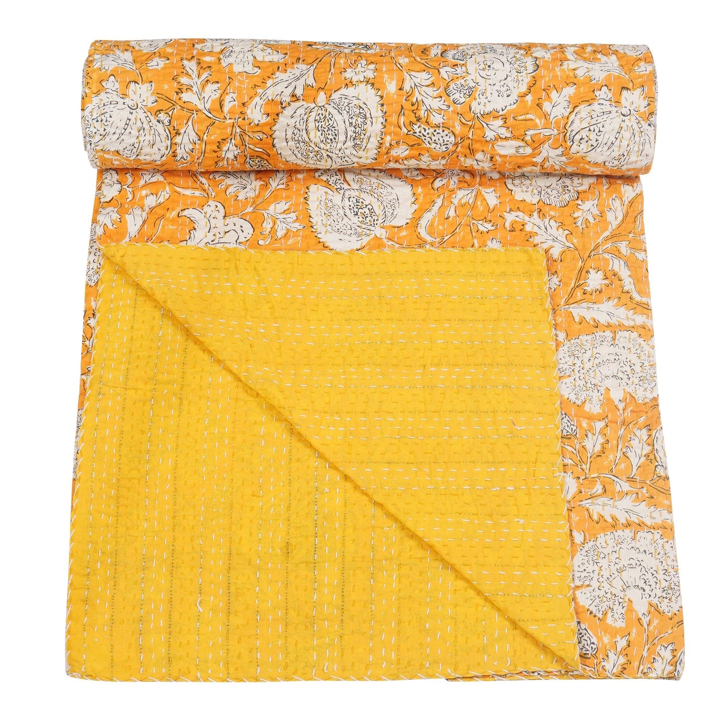 Marubhumi Indian Handmade Traditional Hippie Floral Print Kantha Quilt Indian Cotton Bedding Throw Blanket Bespread Hand Stitched with Love (Yellow, Queen (90"x 108"))