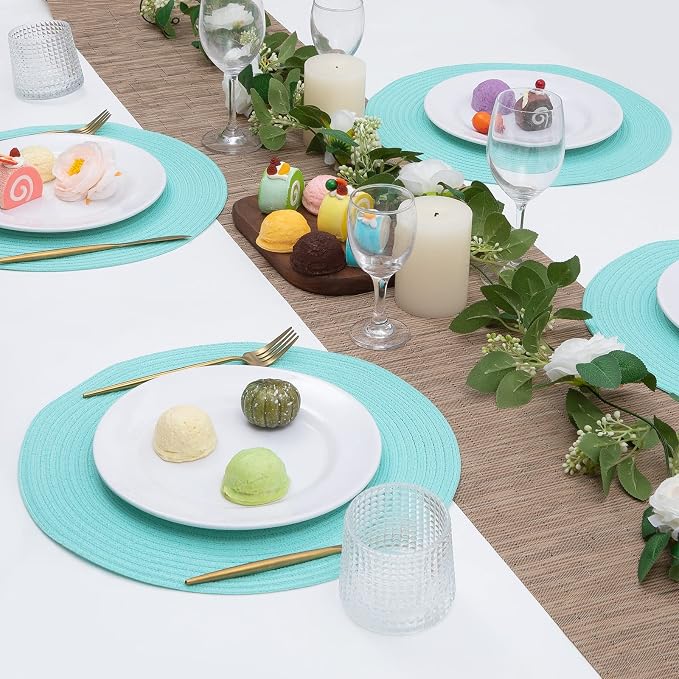 SHACOS Round Placemats Set of 4 Washable 15 inch Round Table Mats Cotton Polyester Woven Braided Place Mats for Dining Table Wedding Party Decor (Aqua, 4)