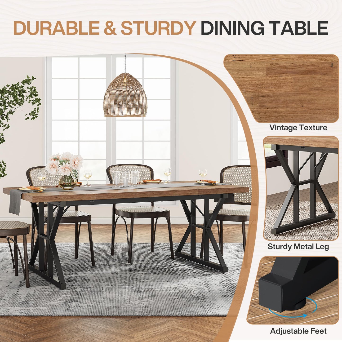 Tribesigns Farmhouse Dining Table for 6 People, 70.8-Inch Rectangular Wood Dining Table, Rustic Kitchen Table with Heavy Duty Metal Legs for Dining Room (Light Brown, 70.8 Inch)