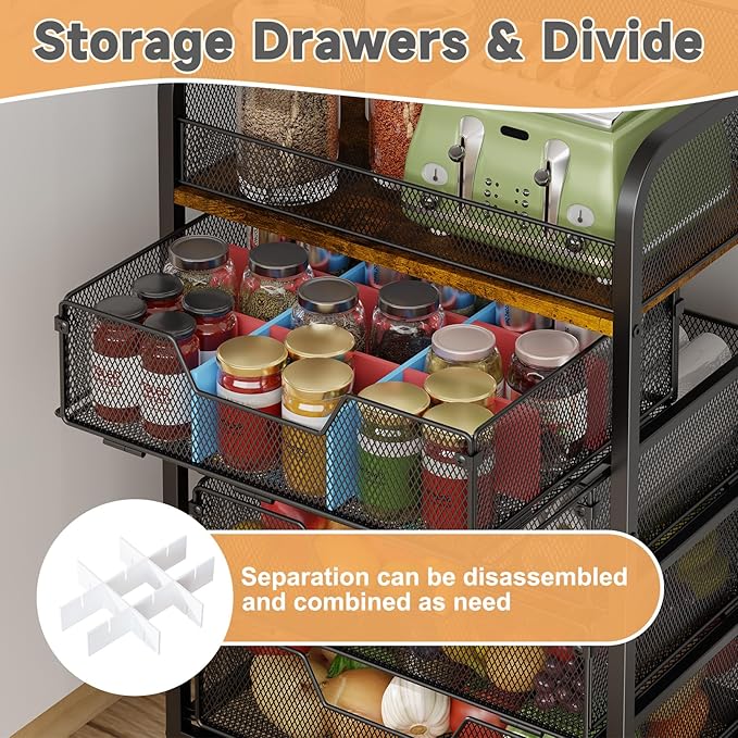 5-Tier Rolling Kitchen Cart with Drawers - Kitchen Storage Cart on Wheels,Pantry Snack Cart,Fruit and Vegetable Storage Cart with Wood Top,Rolling Utility Cart for Potato and Onion Storage