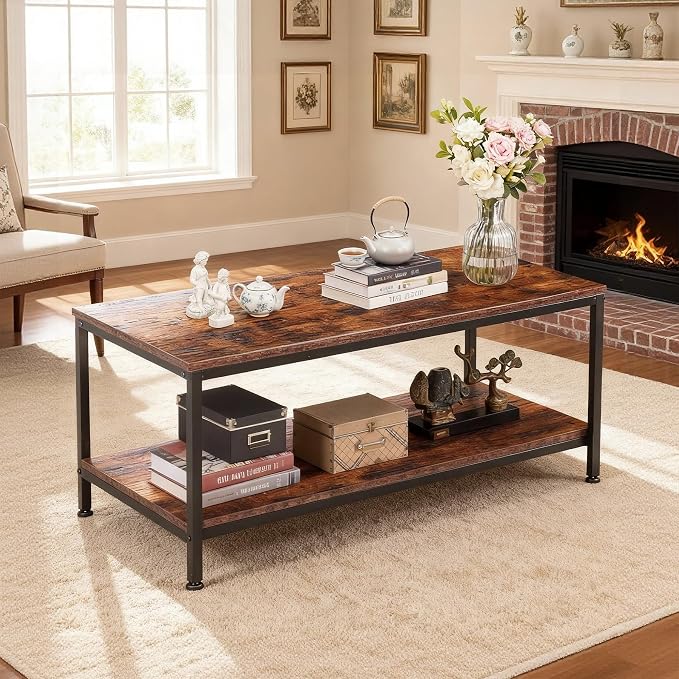 SUPER DEAL 2-Tier Coffee Table with Storage Shelf for Small Apartment Living Room, Rectangle Wood and Stable Metal TV Stand Side End Table, Rustic Brown