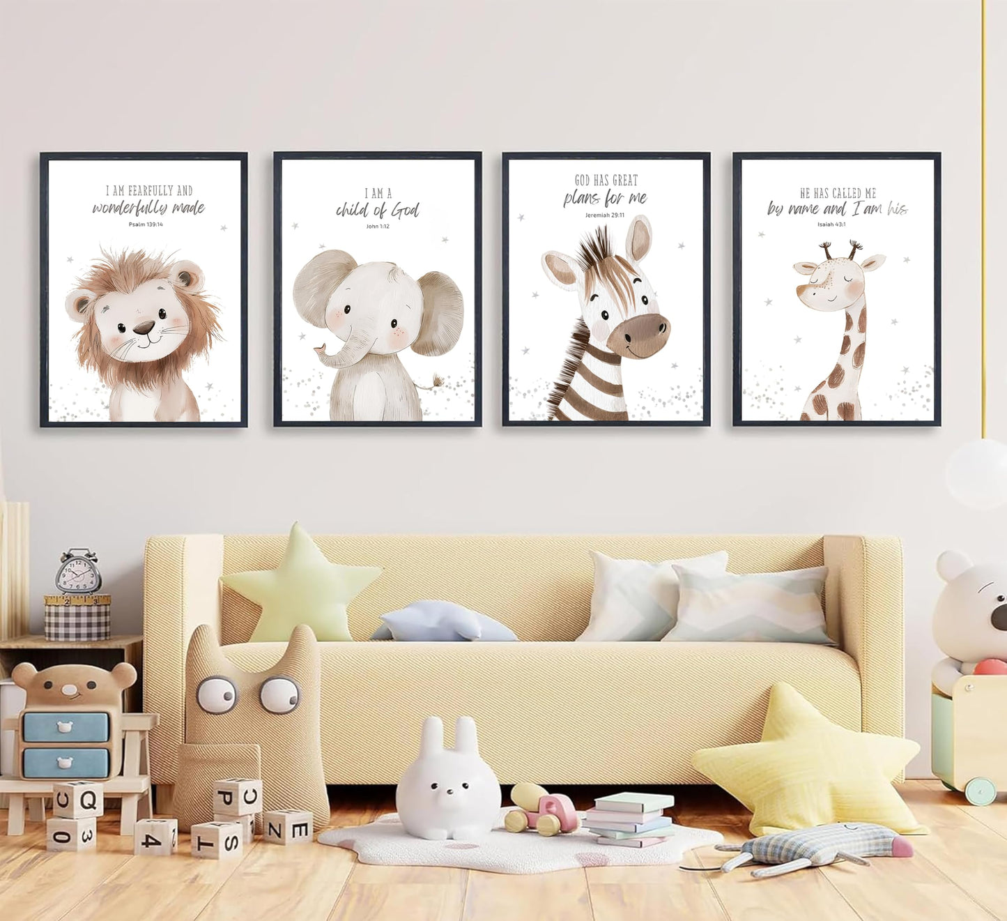 4Pcs Nursery Bible Verse Animal Canvas Wall Art Funny Cute Safari Animals Christian Painting Picture Wall Decor Lions Elephant Giraffe Zebra Poster Print Artwork for Boys and Girls Home Decoration