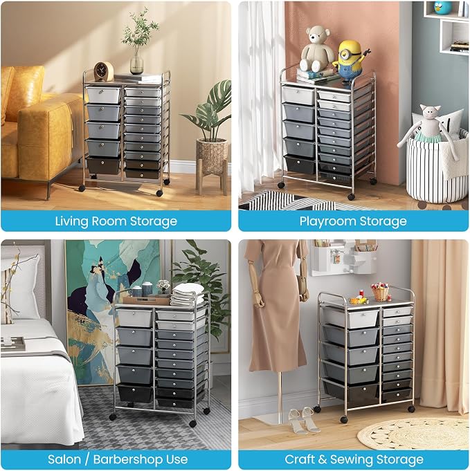 Giantex 15 Drawers Rolling Cart, Classroom Organizers, Storage Cart with Wheels, for Teacher Office Home School Supplies Tool Craft Art Paper