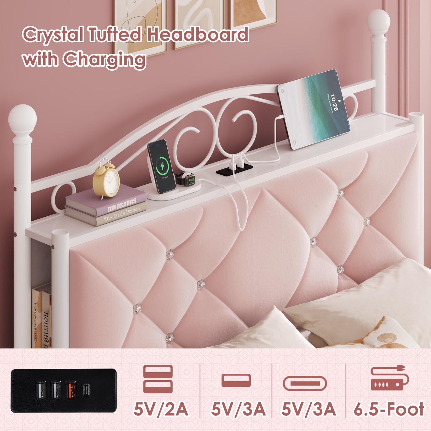 Queen Upholstered Canopy Bed Frame with 2 Drawers & Crystal Tufted Storage Headboard Two-Purpose Metal Platform Bed with 4 Removable Posts & Charging Station Pink Princess Bed, Curtain Not Included