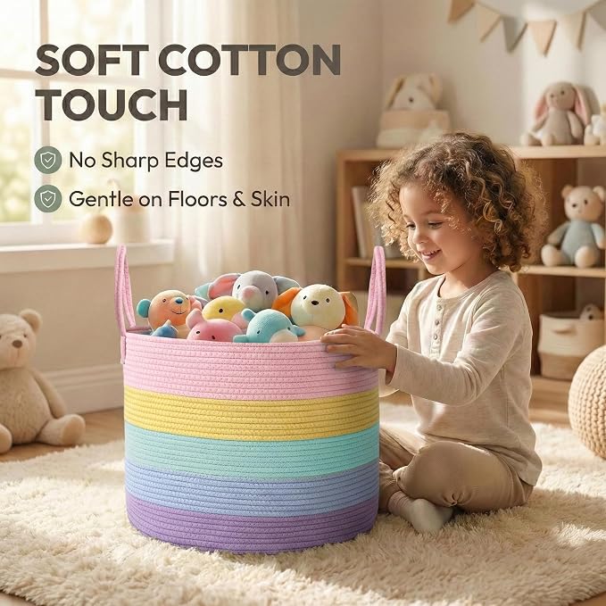 JMvicyroam 115L Extra Large Blanket Basket for Living Room - Woven Cotton Rope Laundry Hamper with Reinforced Handles - Storage Bin for Pillows, Comforters & Toys - Machine Washable,Rainbow