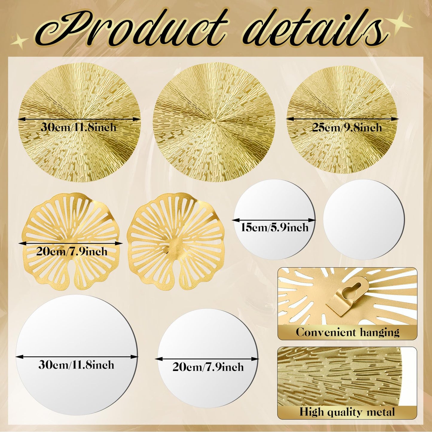 Hicarer 9 Pcs Circle Mirrors Metal Home Decor Wall Decorative Modern Round Accent Wall Art Sculpture Hanging Decorations for Living Room Office Bedroom Kitchen(Gold)