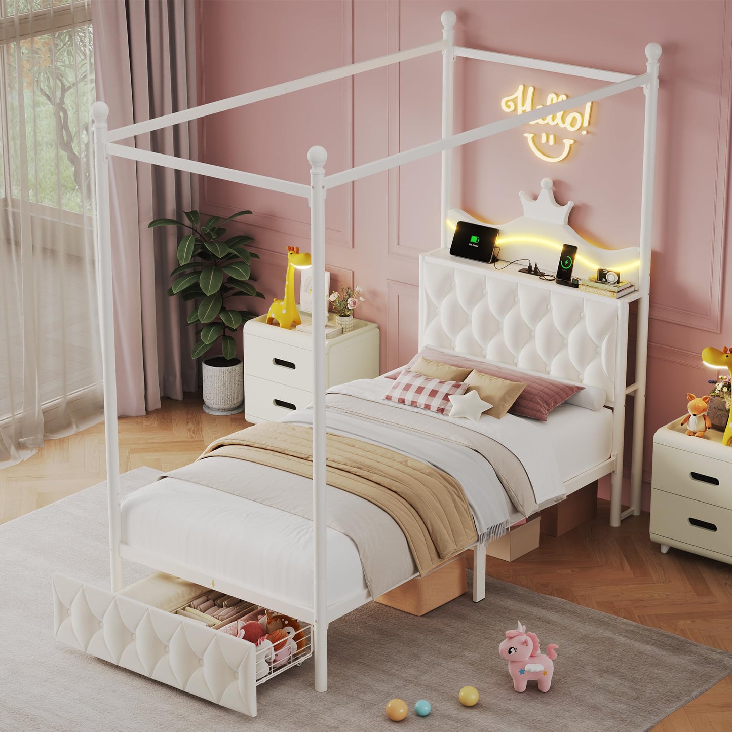 Keyluv Twin Size Upholstered LED Canopy Bed Frame with Charging Station and Drawer, Button Tufted Crown Headboard with Storage Shelf, Two-Purpose Removable Four Poster Design Platform Bed, Beige
