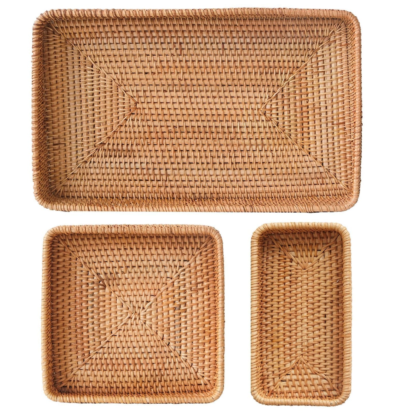 Rattan Serving Tray, Rectangle Basket Set of 3, Wicker Storage and Organizing Baskets, Natural Decorative Woven Tray for Home Decor, Bathroom, Kitchen Counter