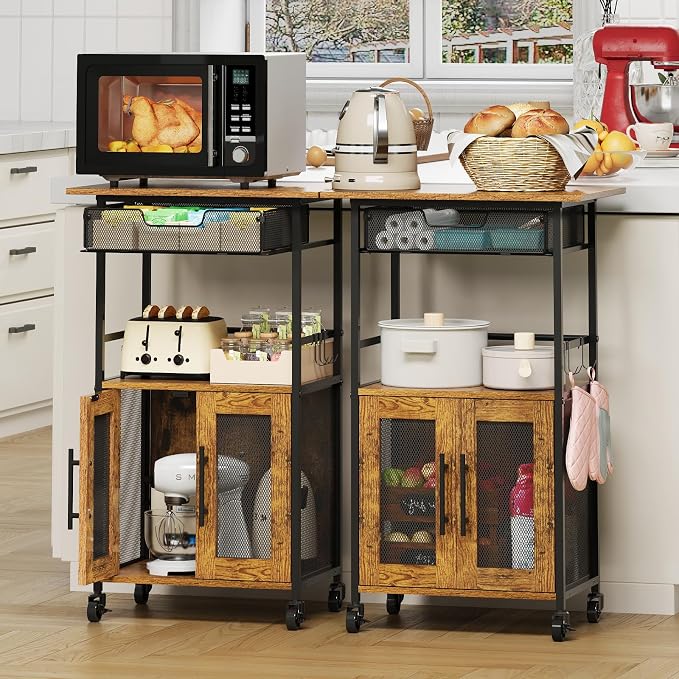 3 Tier Slim Rolling Coffee Cart with 2-Door & Pull-Out Wire Basket Drawer, Coffee Bar Cabinet on Lockable Casters, 32.7" H Microwave Cart with Storage for Home, Kitchen, Dining Room (Rustic Brown)