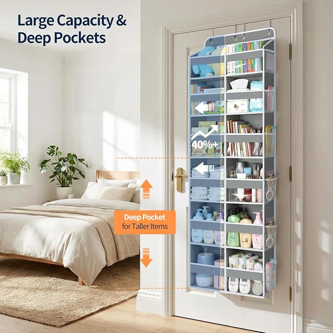 Yecaye Over The Door Organizer, 6 Tier Extra Large Behind Door Storage of 12 Compartments, 80lbs Heavy Duty Door Organizer Hanging with Clear Window for Closet Bedroom Pantry Bathroom, Grey