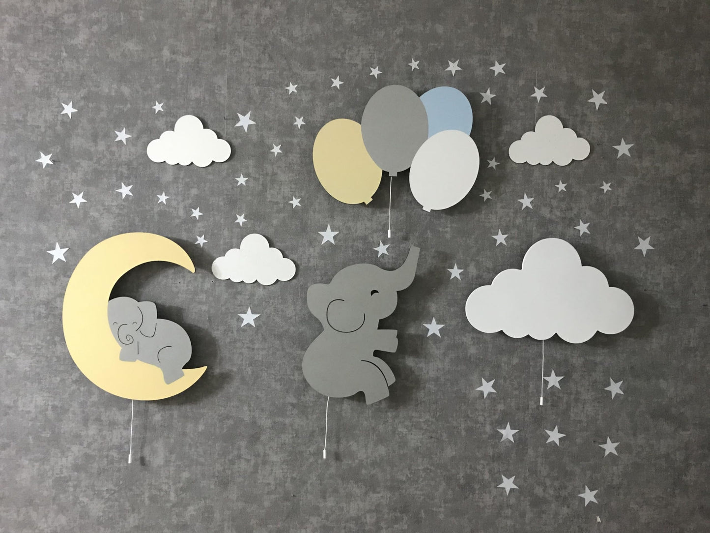 Furpinea Nursery Lamp Set of 4 Moon, Cloud, Elephant, and Balloon, Baby Room Sign Wall Night Light Cloud Shape Gift Baby Montessori Bedroom Lamp Decor (Boys, Blue)