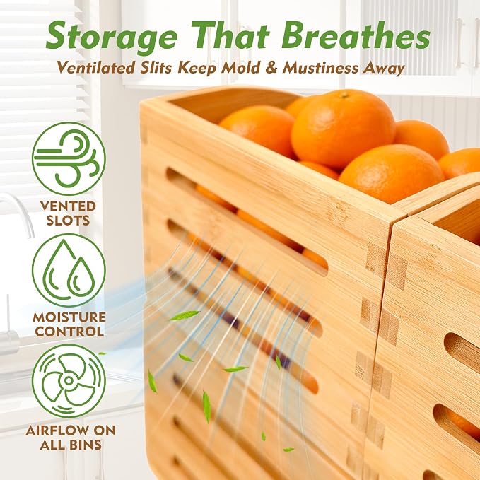 Potato and Onion Storage Bin for Pantry and Kitchen, Ventilated Stackable Bamboo Storage Bins with Handles - Multipurpose Organizers, Produce Containers for Bread, Vegetable, Fruit (Natural, 3 Pack)