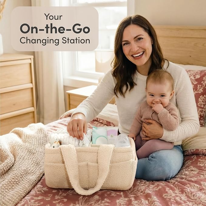 PUTSKA Baby Diaper Caddy Organizer for Changing Table – Stylish Nursery Storage Basket, Newborn Essentials, Baby Shower Gifts and Registry Must-Haves for Boy or Girl, Car Diaper Caddy, Fleece Cream