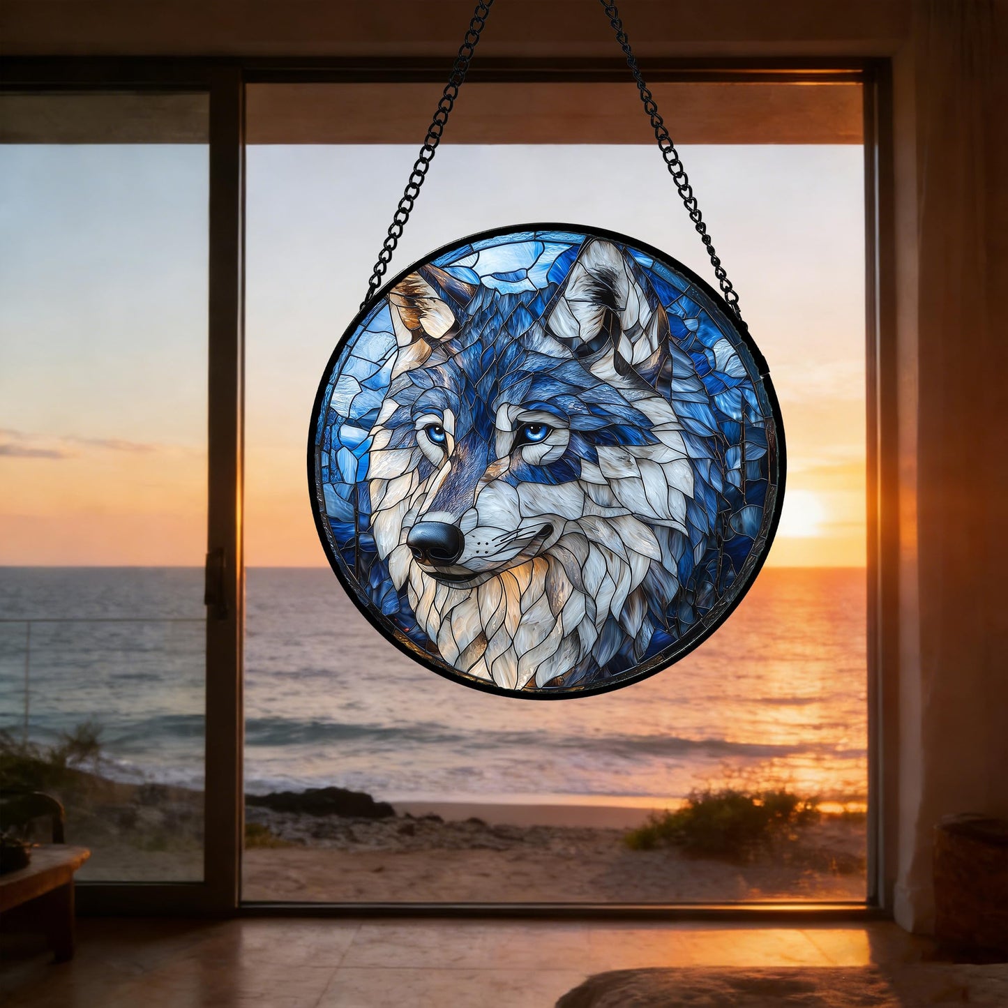 DASTOLL Stained Glass Window Hanging - Funny Wolf Suncatcher Ready to Hang Window Doors Home Decoration and Christmas, Mother's Day Birthday Gifts for Women, Men, and Mom 9.8x9.8 in