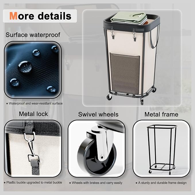 Laundry Basket with Wheels Rolling Laundry Basket, Removable Laundry Bag Design for Daily Use in Bathrooms and Laundry Rooms (White, 160L)