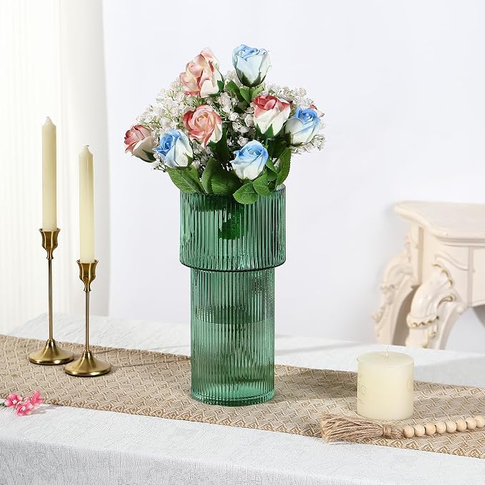 Large Glass Vase, 12 Inches Tall Vase for Flowers, Green Flower Vases for Bouquet, Modern Green Glass Vases for Living Room, Dining Table, Office, Entryway, Mantle, Shelf, Wedding Gifts