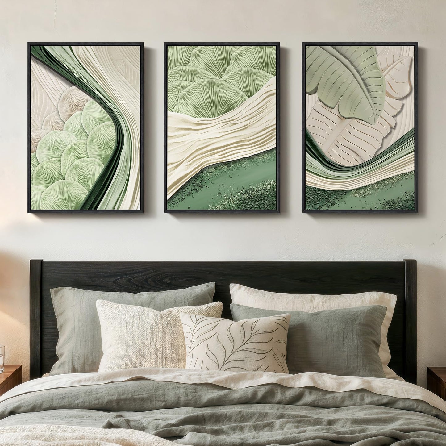 Framed Green Abstract Wall Art Bedroom, 3 Piece Botanical Modern Minimalist Canvas Print Artwork for Walls, Leaf Paintings Pictures for Small Living Room Dining Room Office Wall Art Decor, 16x24 Inch