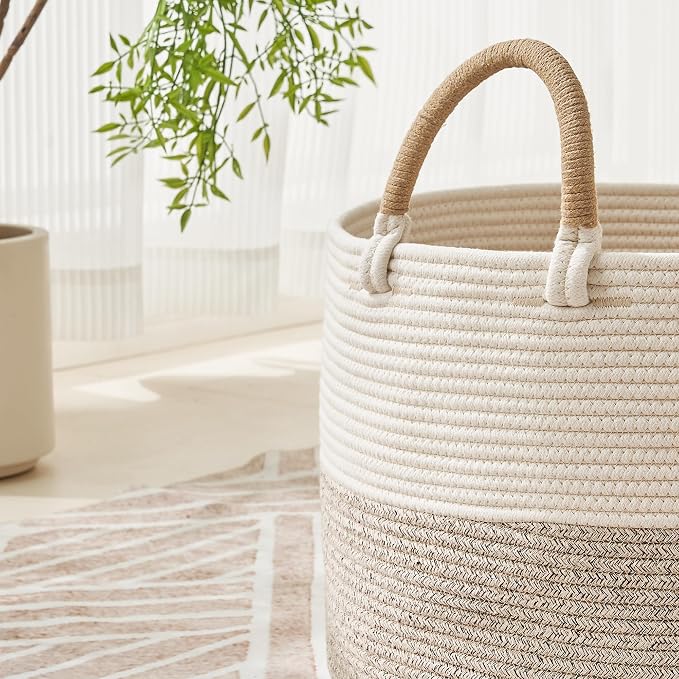 KAKAMAY Cotton Rope Storage Basket (20"x13"),Woven Hamper for Blankets,Toys,Pillows,Clothes,Laundry,Sturdy Handles Decorative Basket for Living Room, Bedroom,Nursery(Beige)