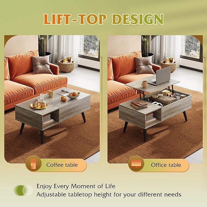 WLIVE Coffee Table for Living Room, Lift Top Coffee Table with Storage, Small Rising Wooden Dining Center Table with Storage Shelf & Hidden Compartment, 39" Greige