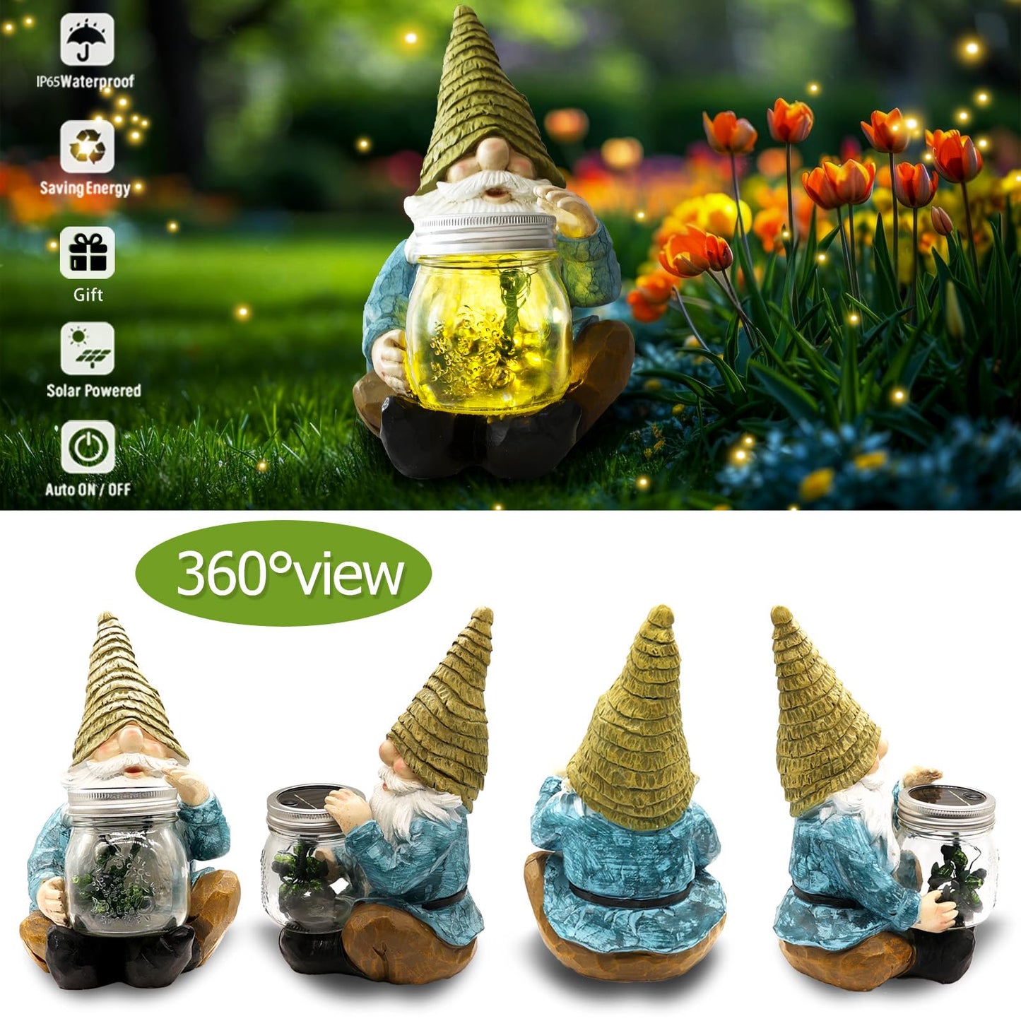 Vcdsoy Solar Firefly Jar Gnome Waterproof, Mothers Day, Birthday Housewarming for Women Mom Grandma, Large Garden Gnome Funny Solar Outdoor LED Lights Resin Statues Lantern Figurines Decorations