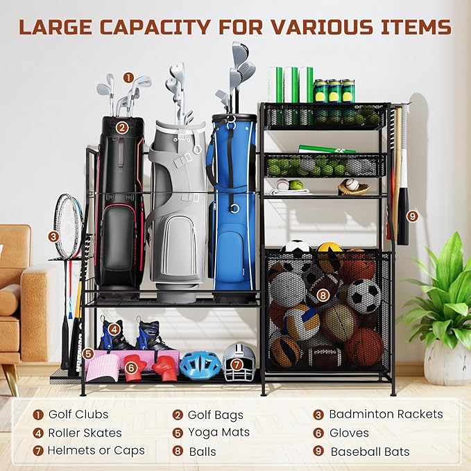 Garage Sports Equipment Organizer,3 Golf Bags Storage Stand,Heavy-Duty Ball Storage Rack with Basket and Hooks,Space-Saving Design for Toy Sports Gear Storage Indoor/Outdoor Use