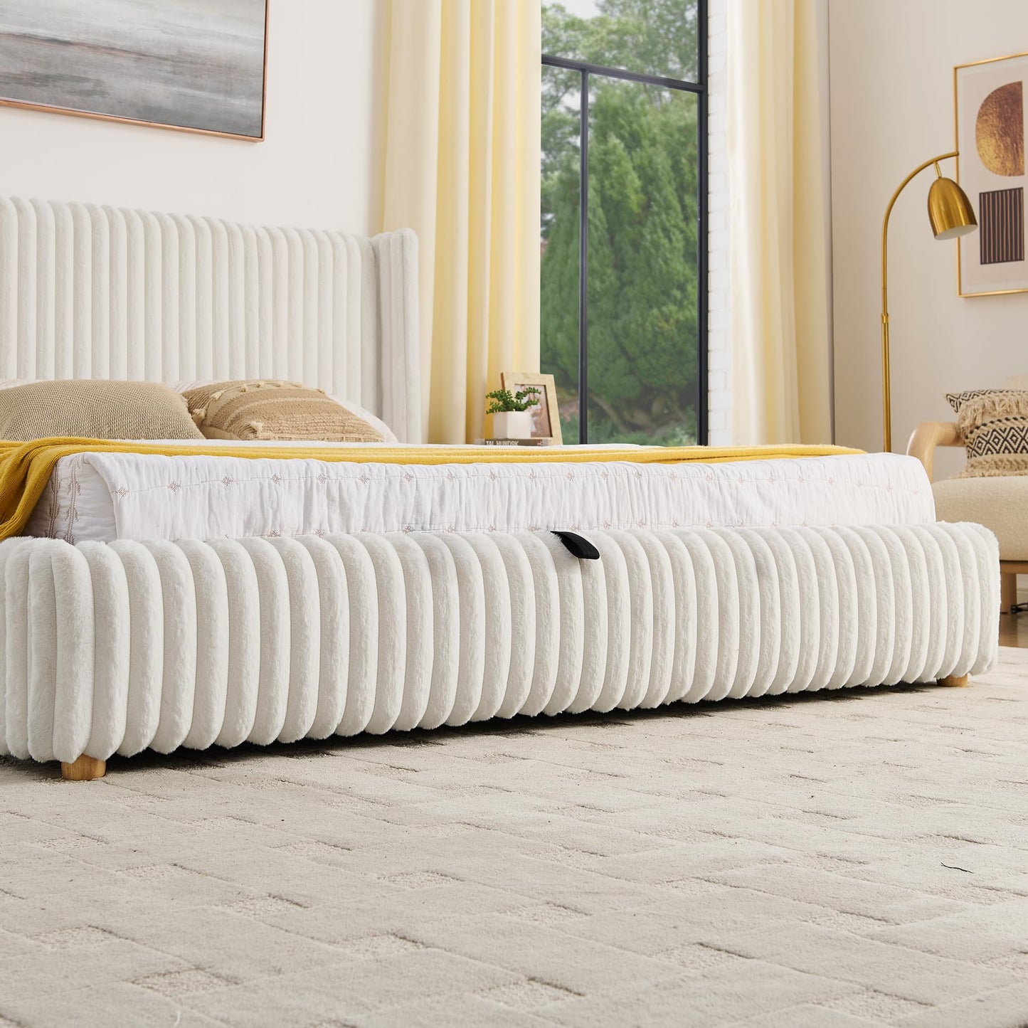 Tabaray King Bed Frame with Storage, Upholstered Platform Bed Frame with Plush Rabbit Fur Headboard, Adult Floor Bedframe with Wooden Slats Support, No Box Spring Needed for Bedroom, Apartment, Beige
